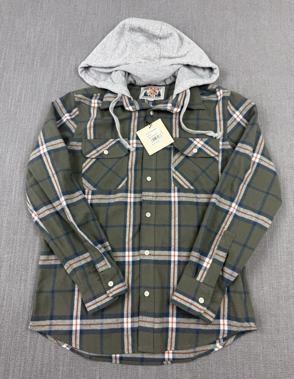Free Planet Hooded Flannel Shirt Jacket Green Plaid Button Up Shacket Men’s M